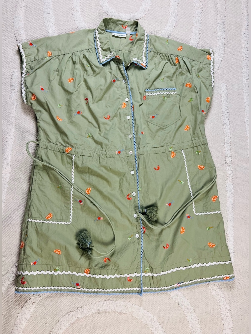 Roller Rabbit Ocaso Ellyott Dress – Olive Embroidered Shirt Dress –100% Cotton L - Picture 8 of 15